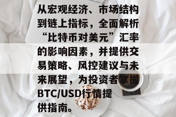 从宏观经济、市场结构到链上指标，全面解析“比特币对美元”汇率的影响因素，并提供交易策略、风控建议与未来展望，为投资者掌握BTC/USD行情提供指南。